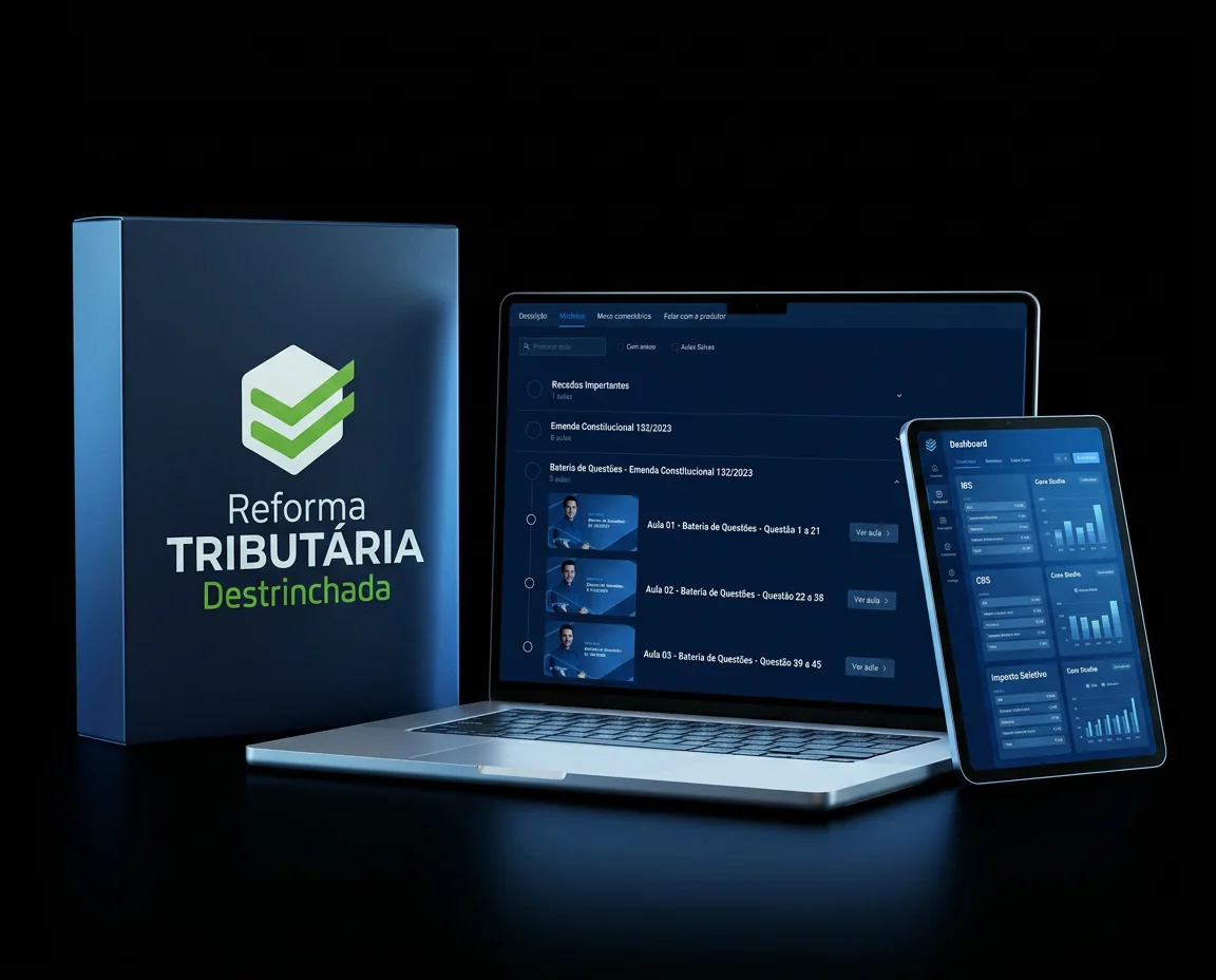 Notebook e tablet exibindo a plataforma do curso Reforma Tributária Destrinchada com painéis de IBS, CBS, Imposto Seletivo e estudos de caso práticos